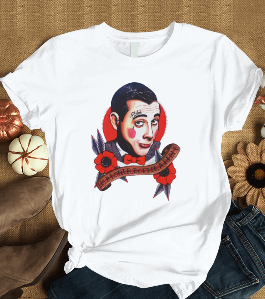 Men’s Funny Pee Wee Herman Rebel Tattoo Style Art with Flowers and Red Bow Tie T-Shirt