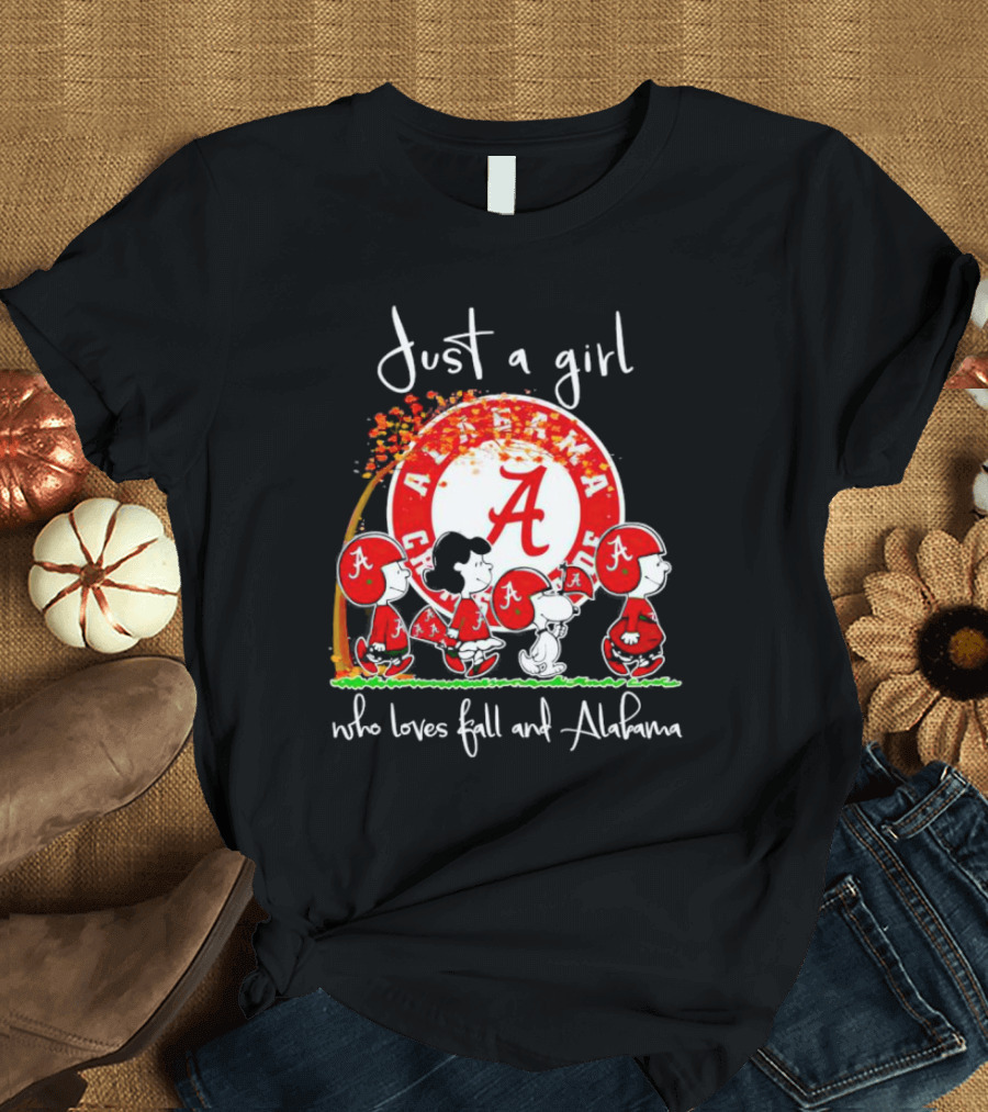 Peanuts Characters Just a Girl Who Loves Fall and Alabama Crimson Tide T-Shirt