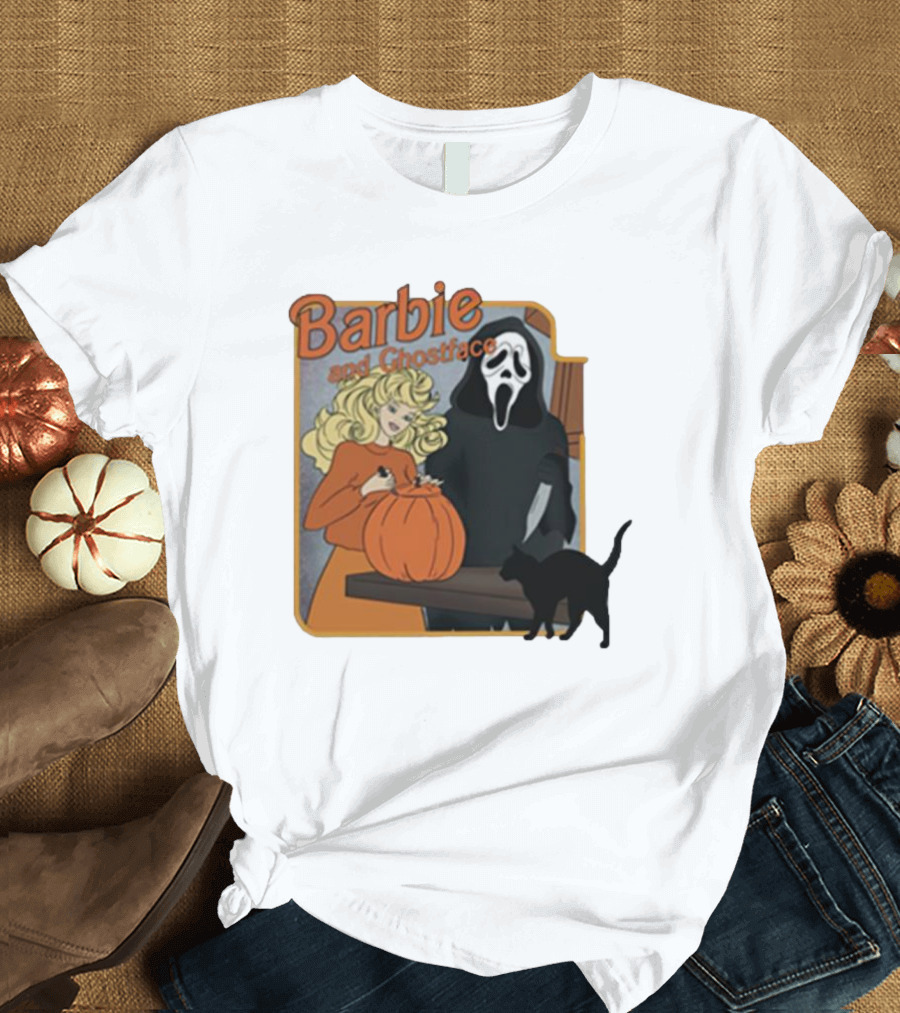 Barbie and Ghostface Halloween Pumpkin Carving Scene with Black Cat T-Shirt