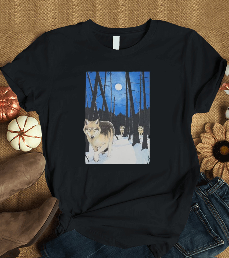 Snow 1995 Wild Earth Wolf Vintage Full Moon Forest Scene T-Shirt