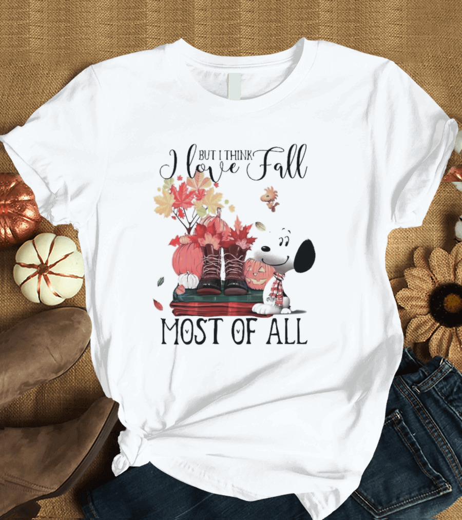 I Love Fall Most of All Snoopy Dog with Boots Pumpkins and Leaves T-Shirt