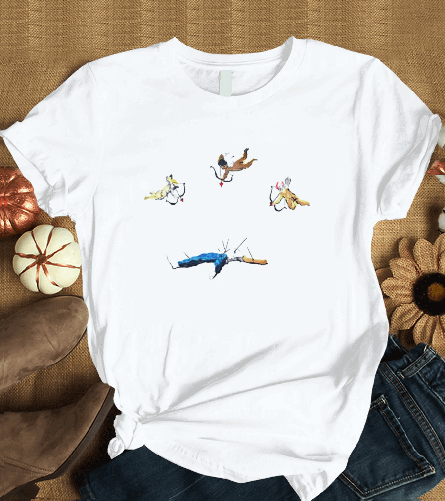 Cupid Shooting Heart to Man with Three Flying Cupids and Arrows T-Shirt