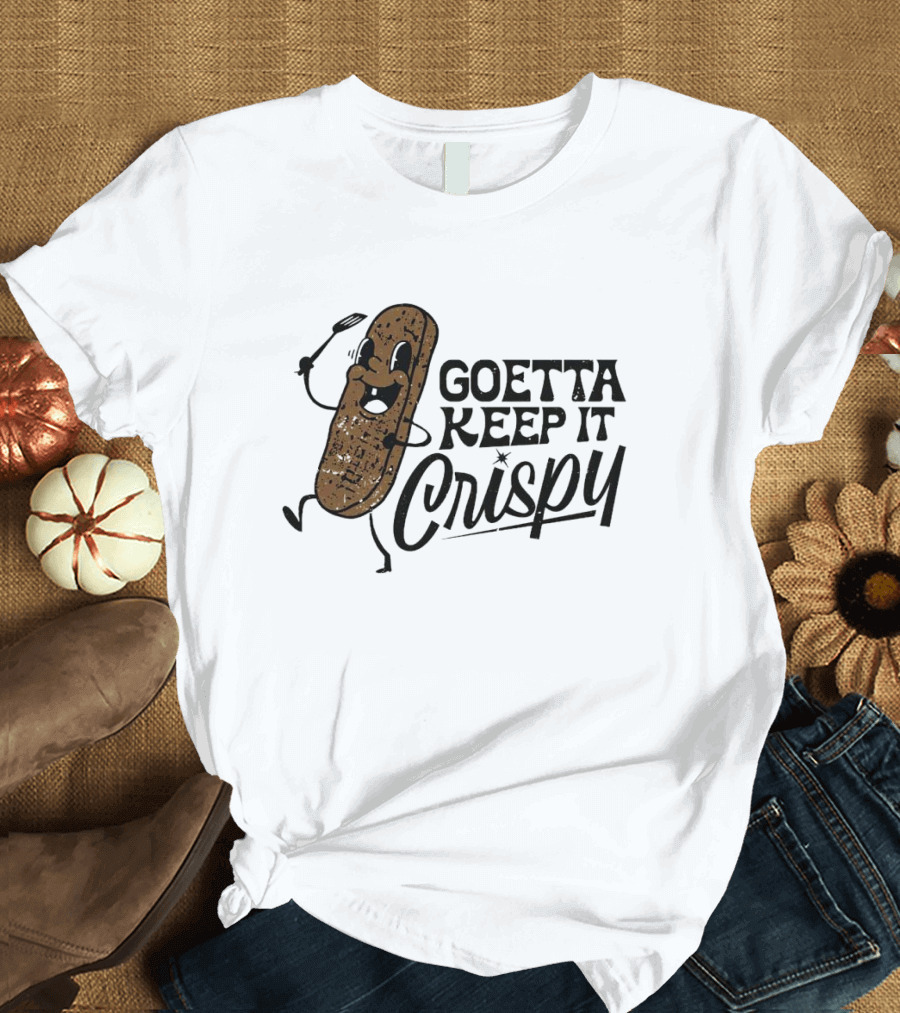 Goetta Keep It Crispy Smiling Fried Stick Character with Fork Enthusiastically Walking T-Shirt