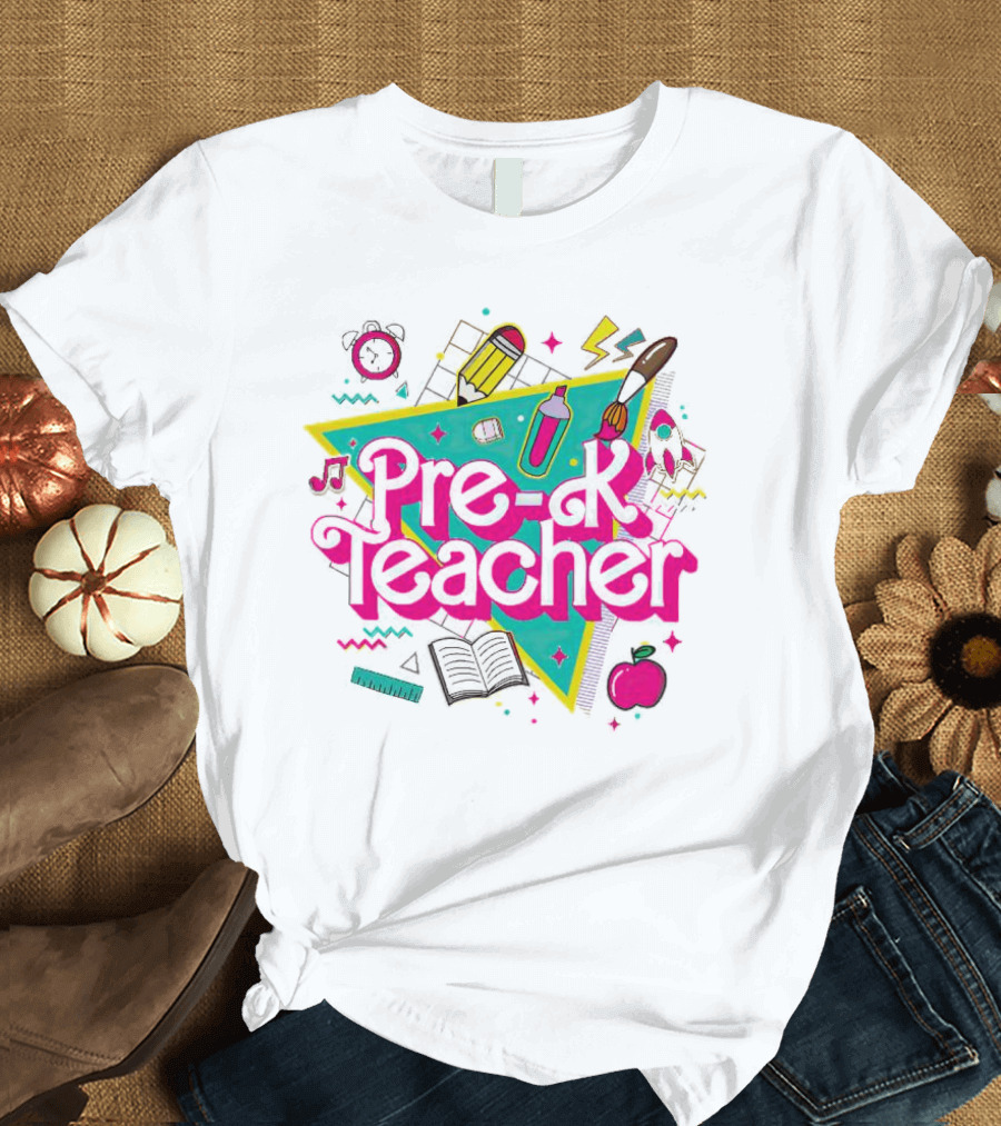 Pre-K Teacher Neon Art Supplies and Icons T-Shirt