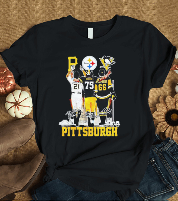 T-Shirt: Pittsburgh Steelers Penguins Pirates Clemente Greene Lemieux Signatures T-Shirt Pittsburgh Steelers Penguins Pirates Clemente Greene Lemieux Signatures T-Shirt