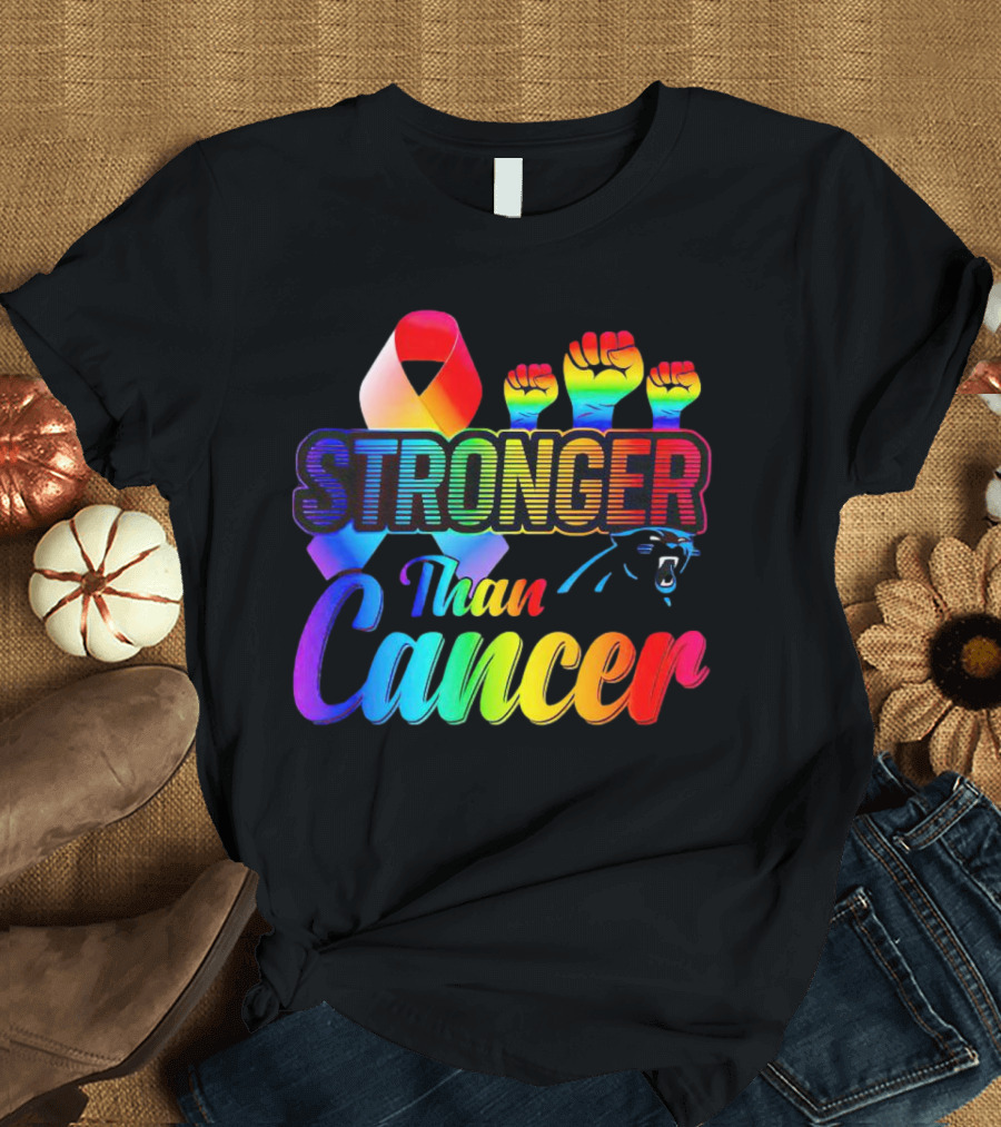 Carolina Panthers Stronger Than Cancer Rainbow Ribbon and Fists T-Shirt