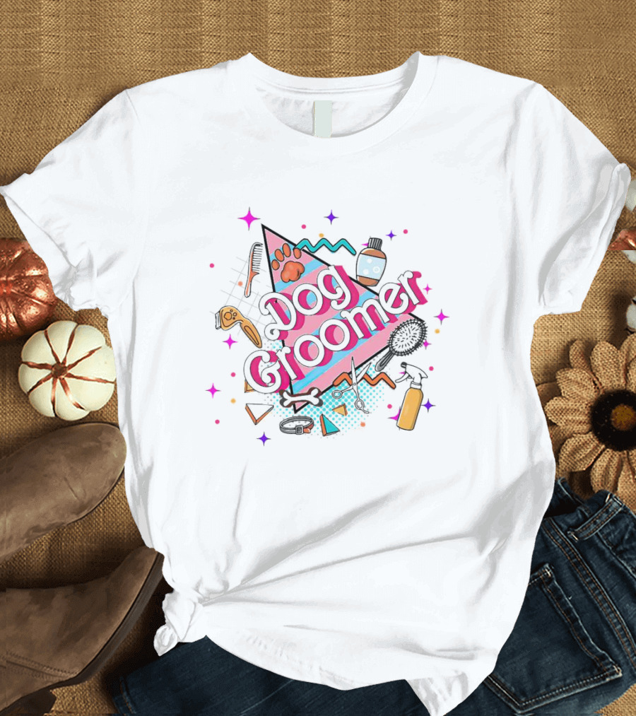 Dog Groomer Retro Pink Triangle Paws and Tools T-Shirt