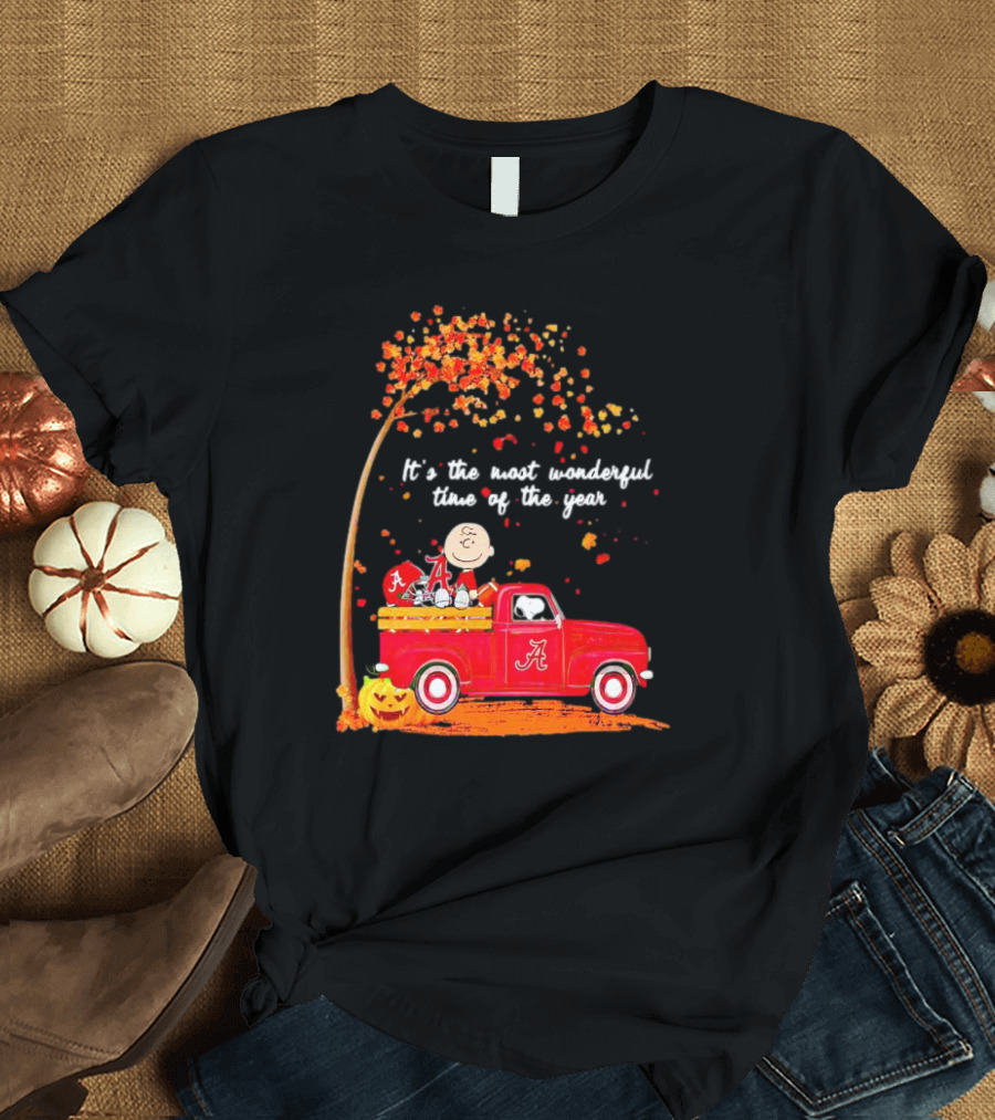 Peanuts Characters Alabama Crimson Tide Fall It's the Most Wonderful Time of the Year Truck Football Pumpkins Leaves T-Shirt