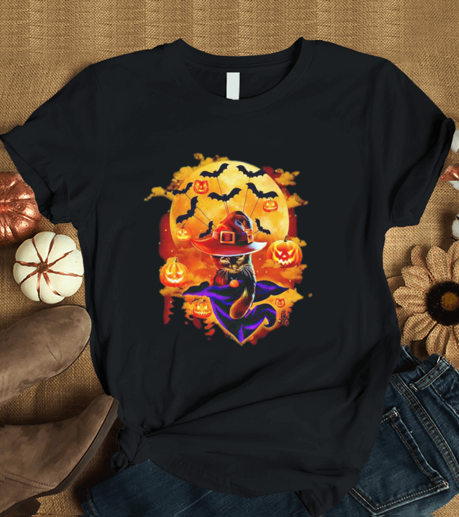 Cat Witch with Pumpkin Lanterns and Bats Halloween Moon T-Shirt
