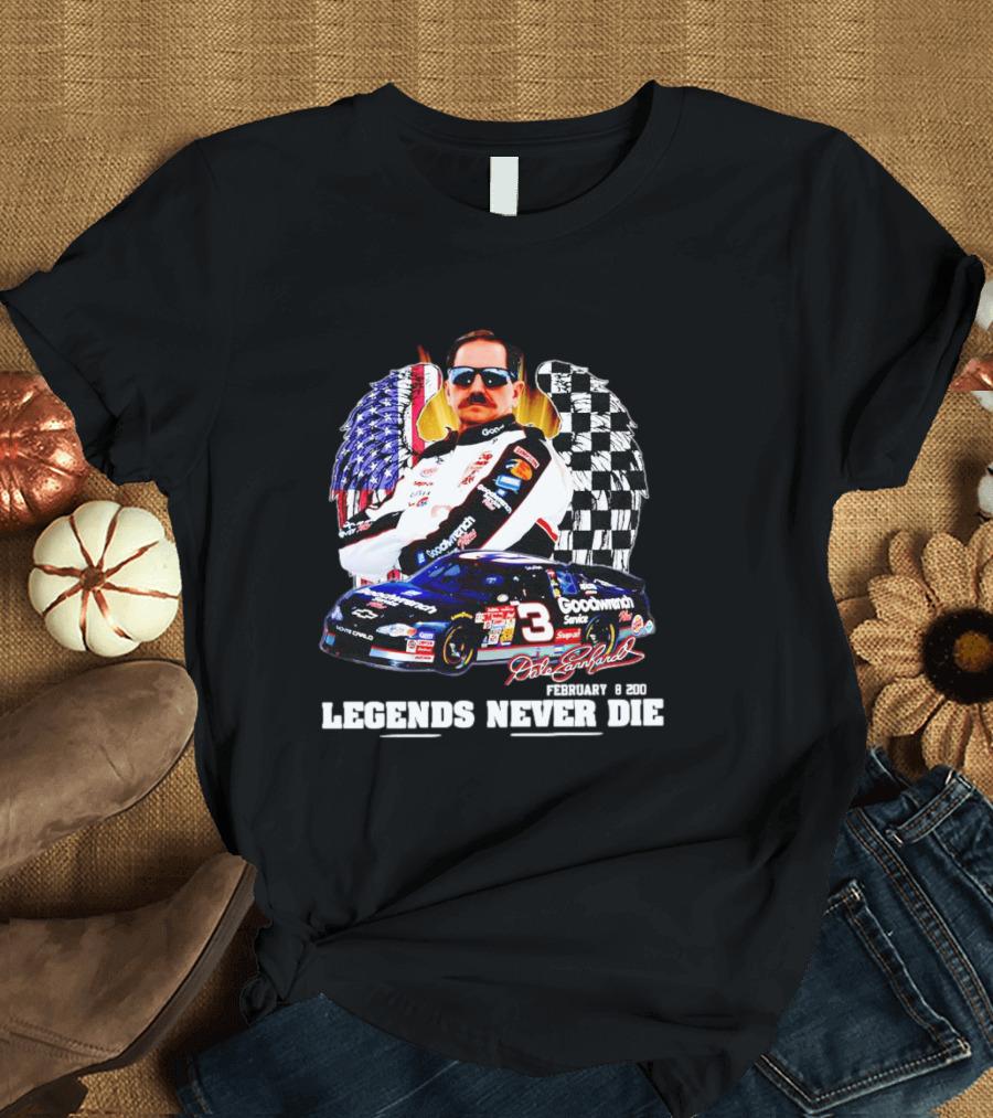 Dale Earnhardt Legends Never Die February 18 2001 Racing Icon American Flag Checkered Flag T-Shirt