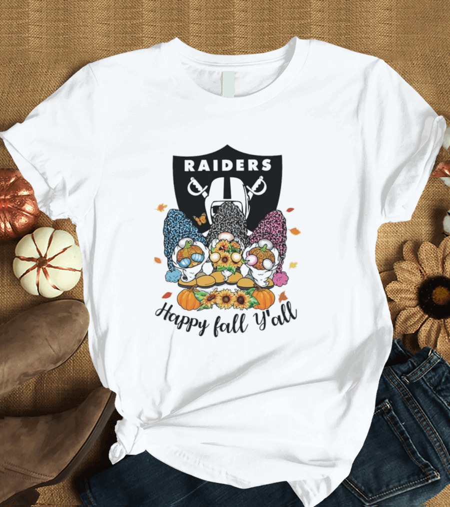 Raiders Gnomes with Sunflowers and Pumpkins Happy Fall Y'all T-Shirt