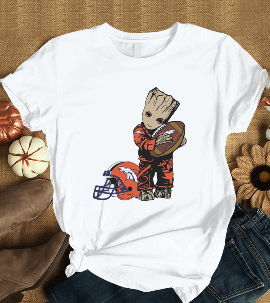 Groot Hugging Denver Broncos Football and Helmet T-Shirt
