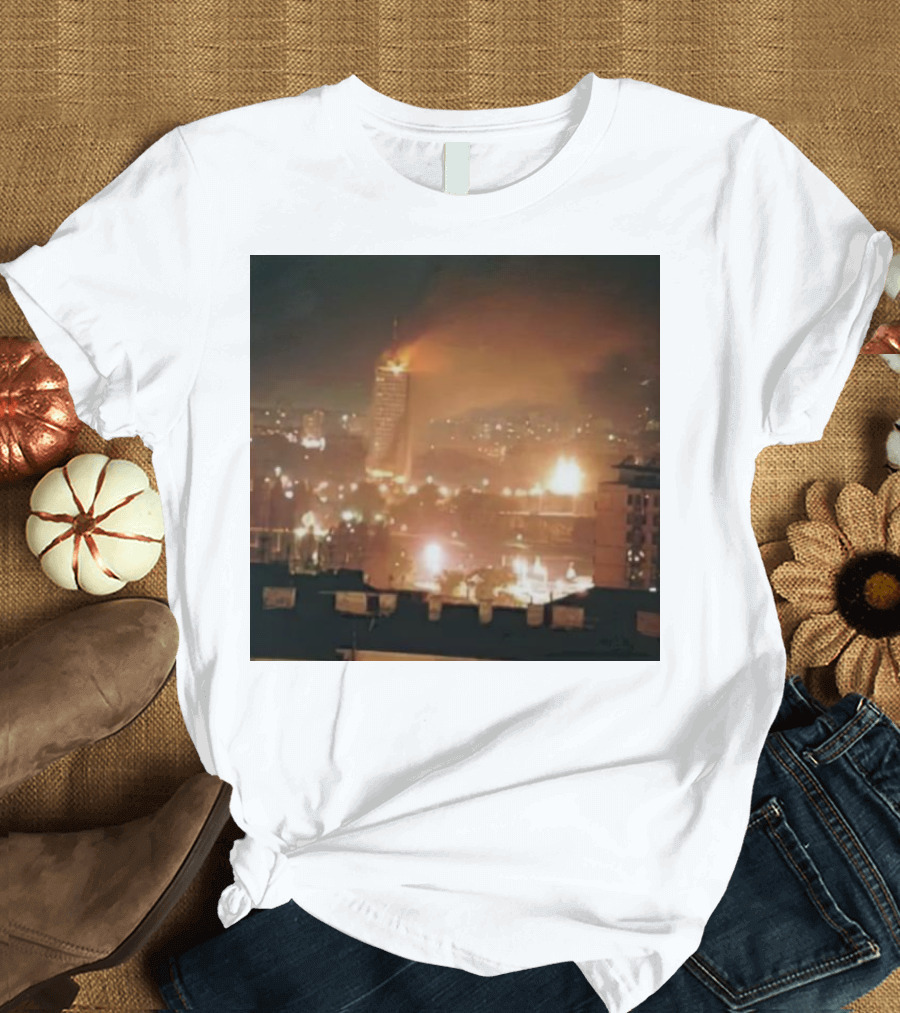 NATO Bombing of Yugoslavia Burning City Night Scene T-Shirt