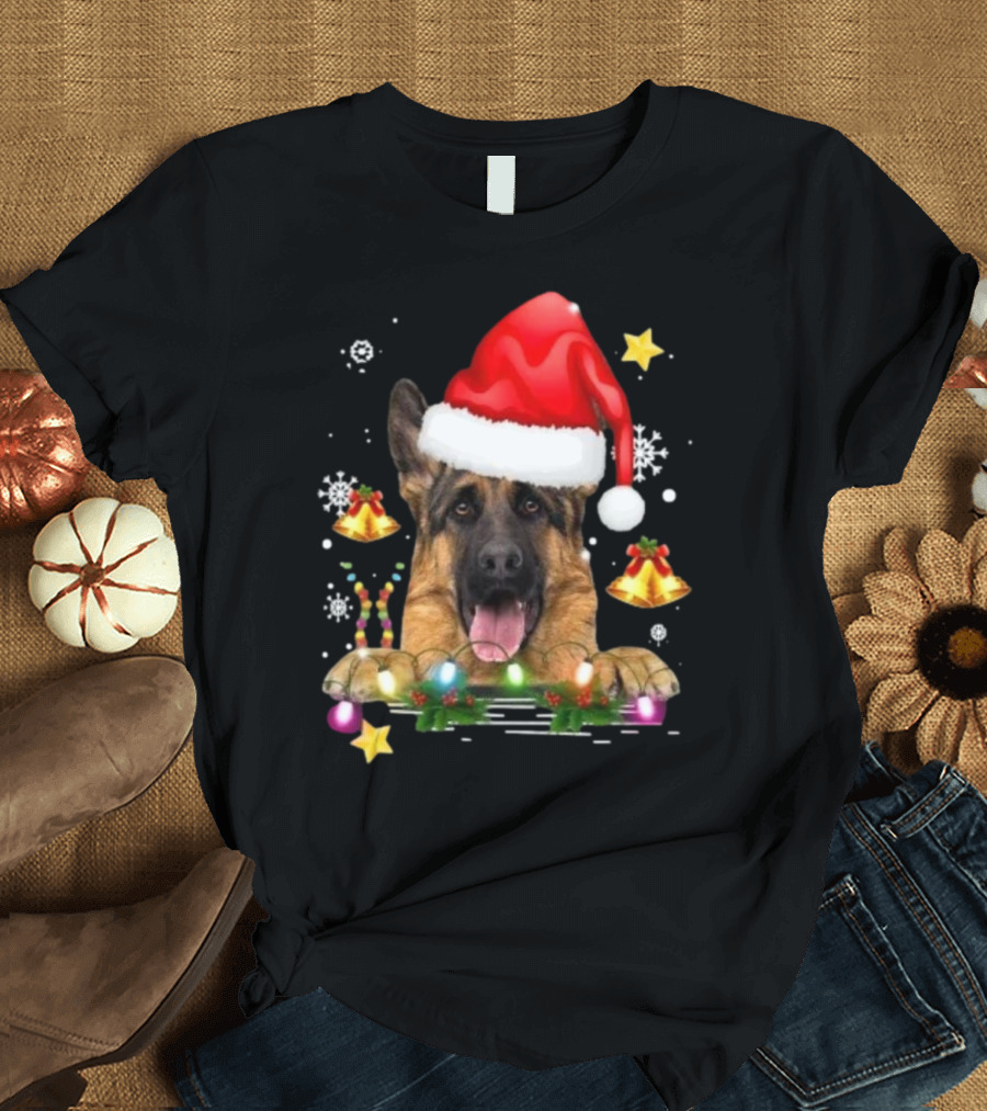 Happy Merry Christmas Lights German Shepherd Dog Festive Santa Hat T-Shirt