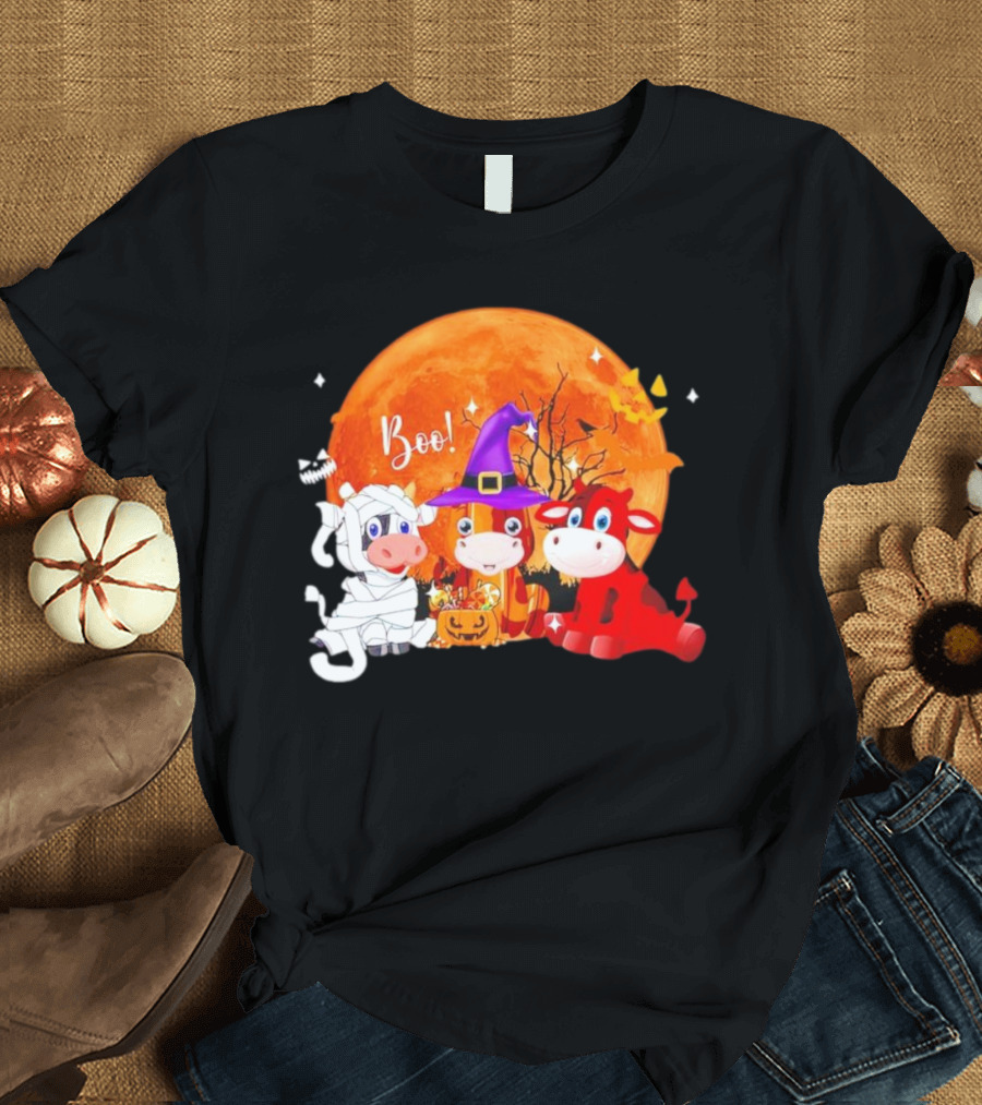 Boo Three Cow Halloween with Witch Hat Mummy and Devil in Front of Full Moon T-Shirt