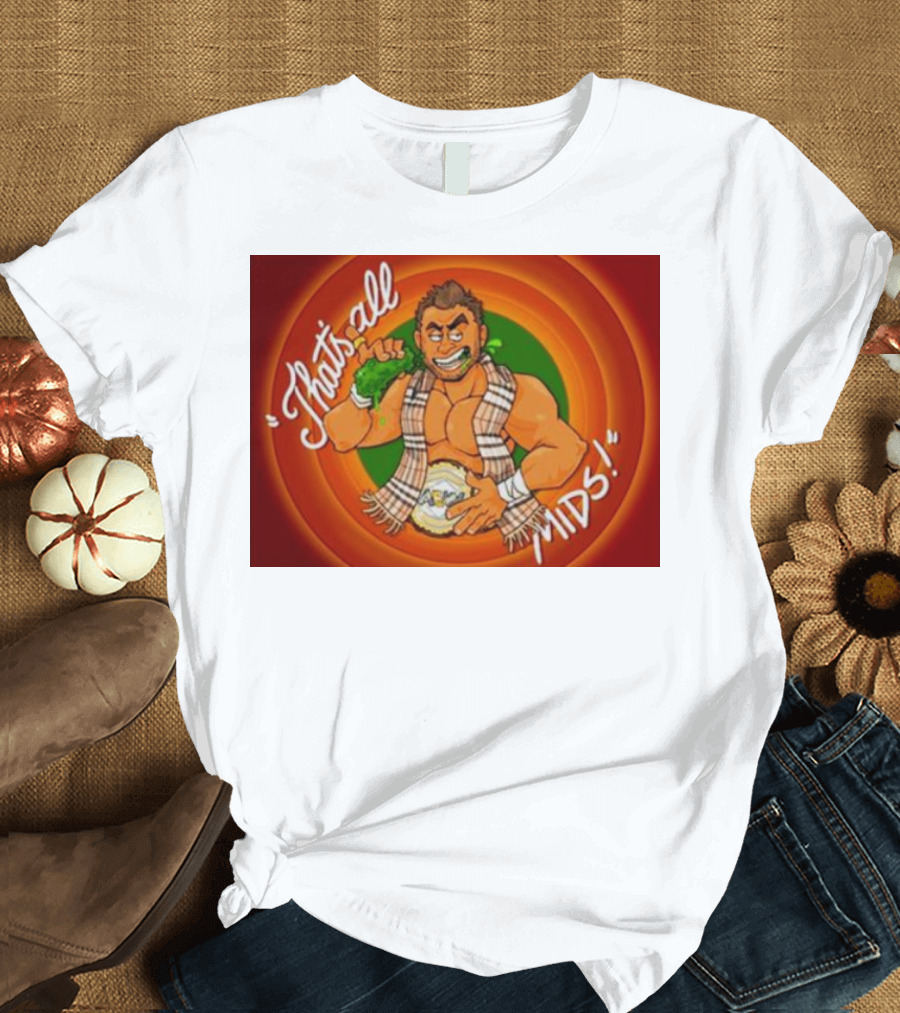Maxwell Jacob Friedman That's All Mids Cartoon Wrestler with Scarf and Championship Belt T-Shirt