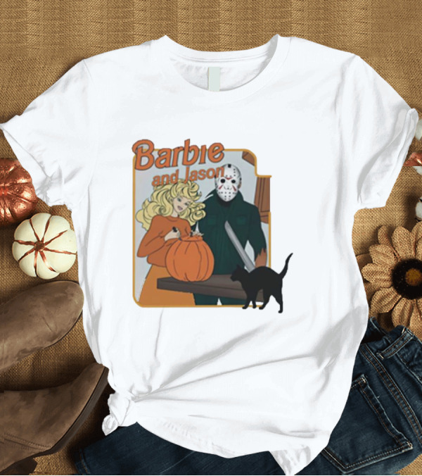 T-Shirt: Barbie and Jason Halloween Pumpkin Carving with Black Cat T-Shirt Barbie and Jason Halloween Pumpkin Carving with Black Cat T-Shirt