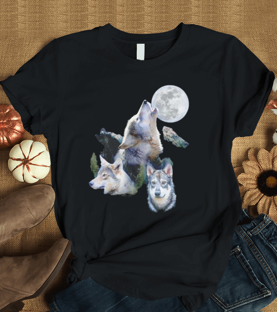 Gas Station Wolf Howling at Full Moon Trio T-Shirt