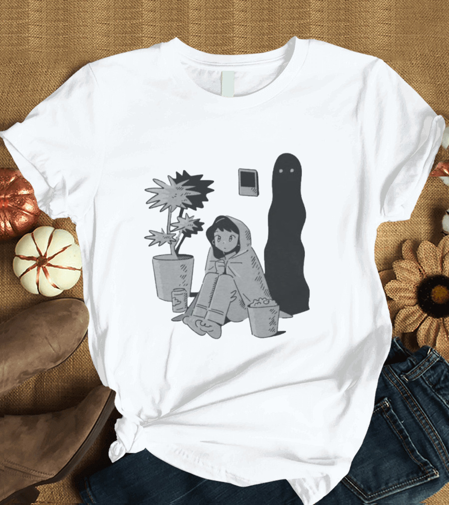 Phantom Cozy: Ghostly Companion and Snuggled Figure with Plant and Snacks T-Shirt
