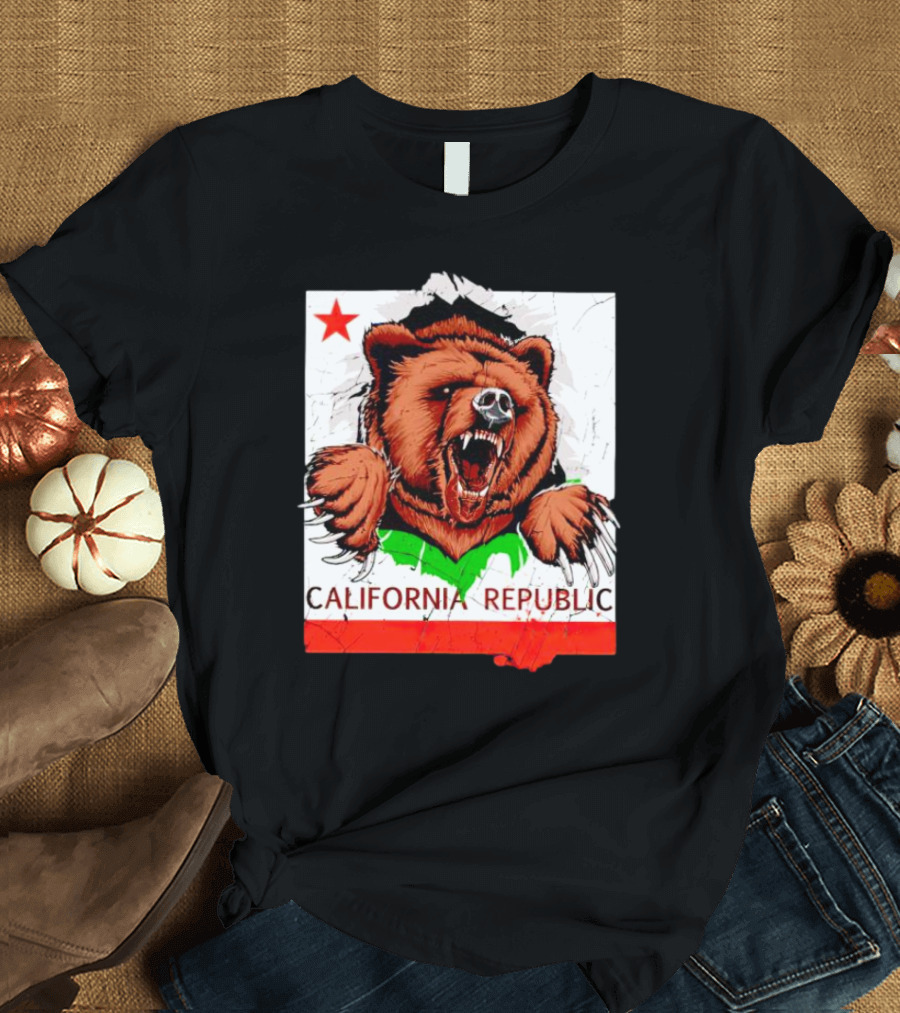 California Republic Bear Roaring Star Red Stripe T-Shirt
