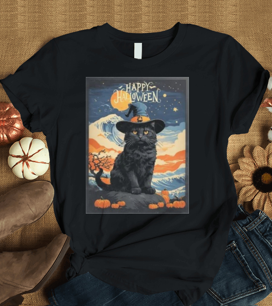 Happy Halloween Black Cat Witch With Pumpkins and Night Sky T-Shirt