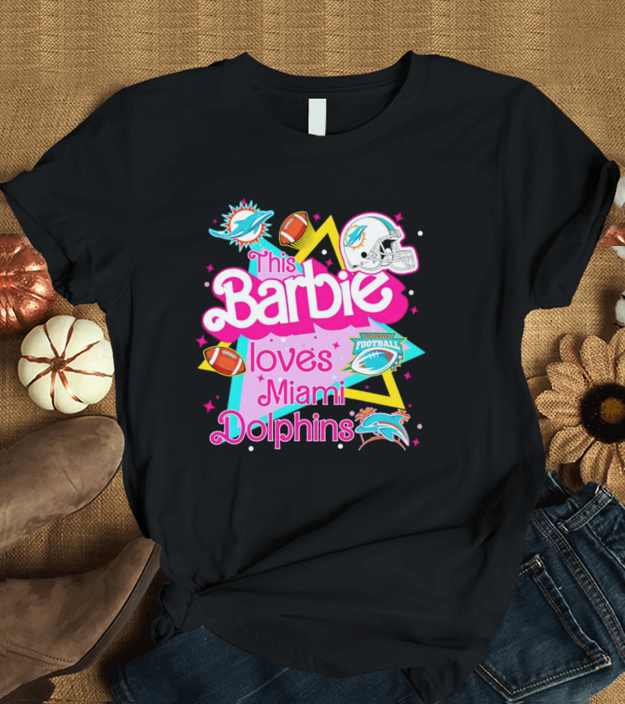 This Barbie Loves Miami Dolphins Football with Helmets and Footballs T-Shirt