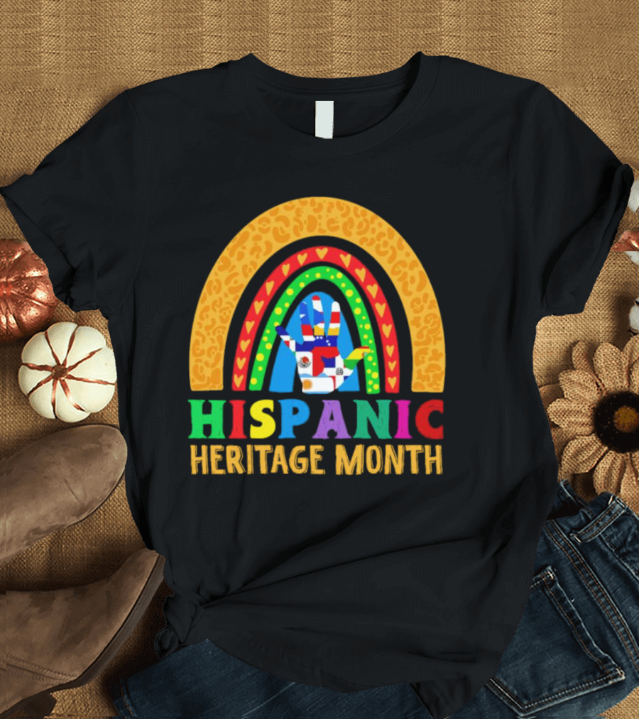 Hispanic Heritage Month Rainbow with Flag Mosaic Hand T-Shirt