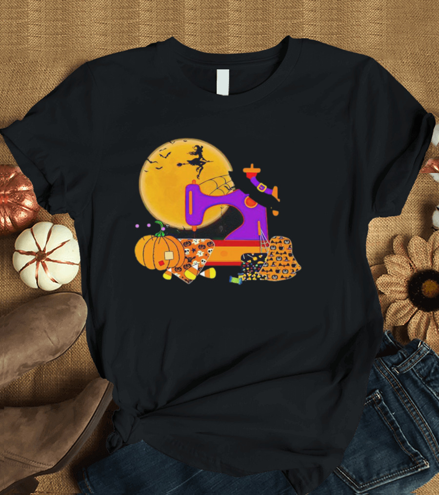 Halloween Witch Flying Over Sewing Machine with Pumpkins and Patchwork T-Shirt