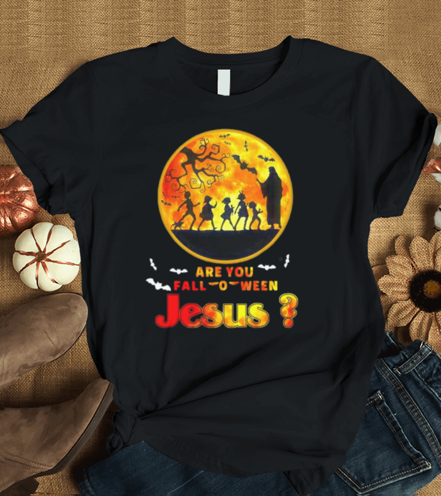 Are You Fall O Ween Jesus Halloween Silhouette with Bats and Tree T-Shirt