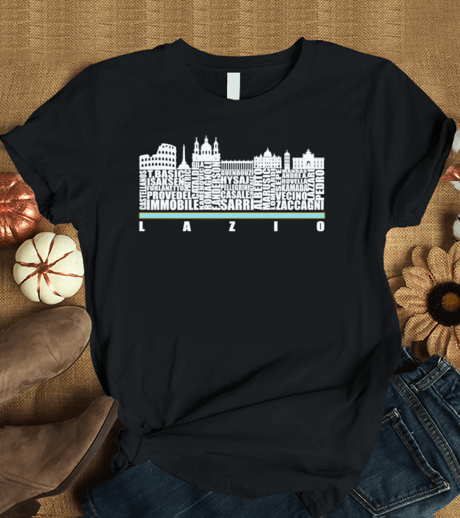 Lazio City Skyline with Player Names Immobile Sarri Pedro Zaccagni Icons T-Shirt