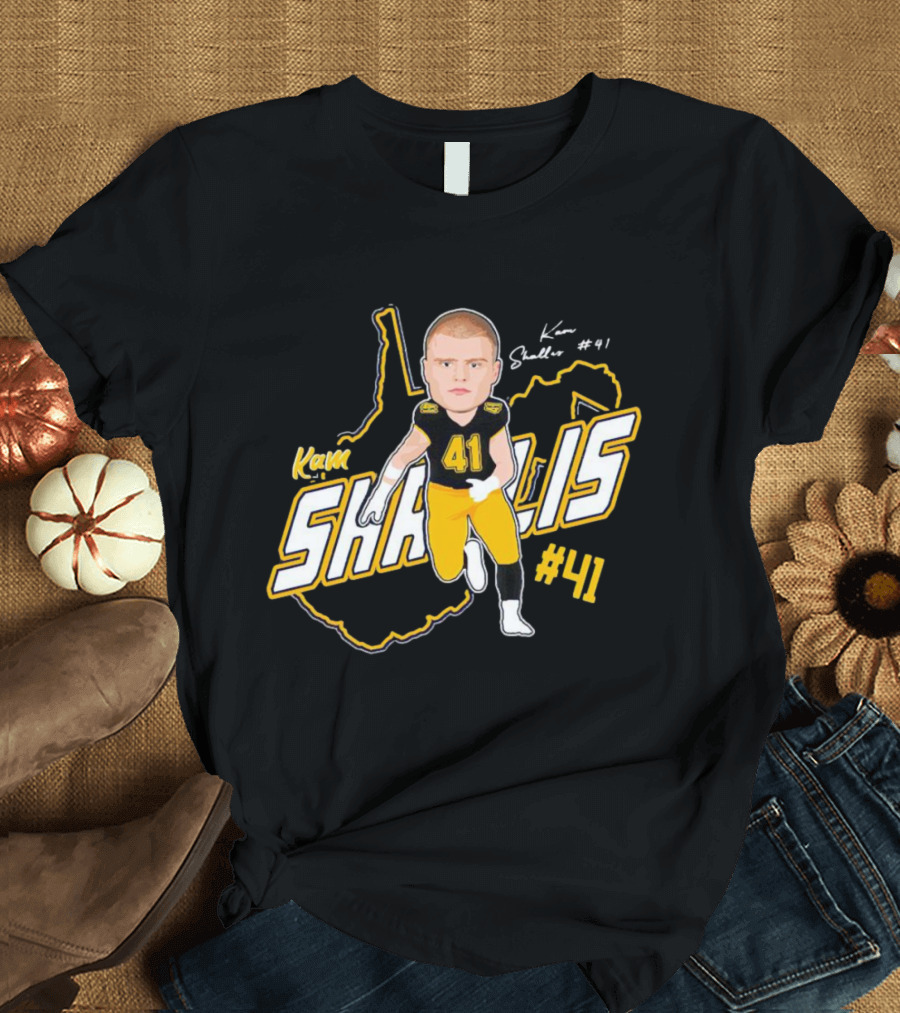 Kam Shallis #41 Caricature with West Virginia Map Background T-Shirt