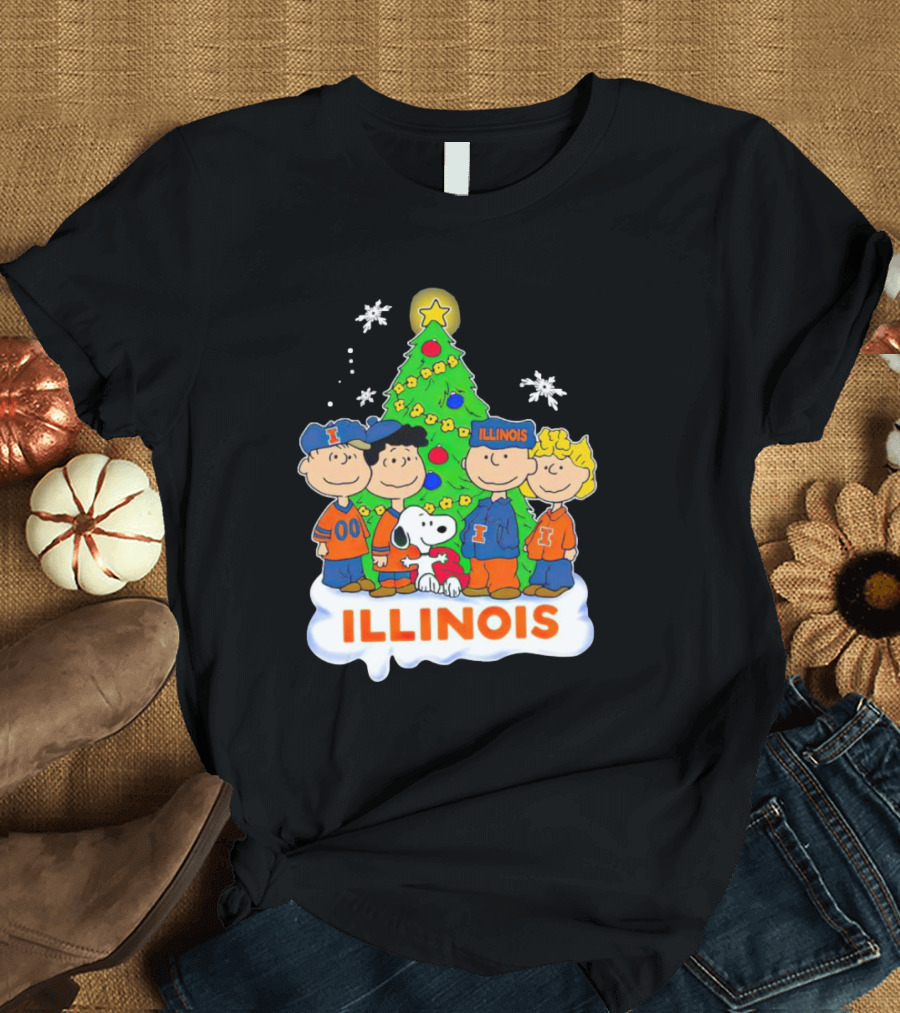 Peanuts Illinois Christmas Tree Celebrating Illinois Fighting Illini with Snoopy and Friends T-Shirt