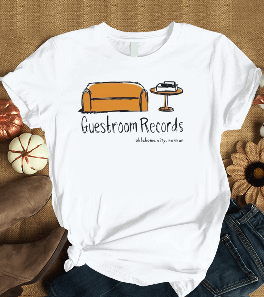 Guestroom Records Oklahoma City Norman Couch and Turntable T-Shirt