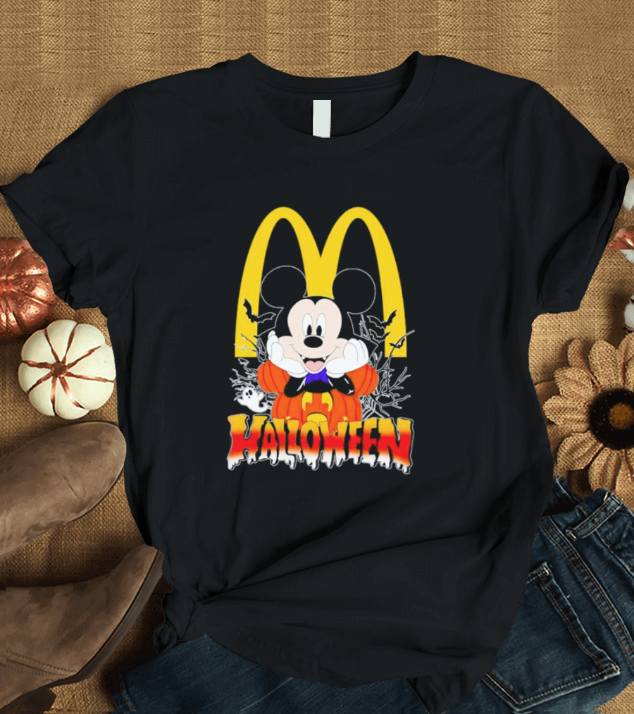 Mickey Mouse Halloween Pumpkin McDonald's Logo with Bats T-Shirt