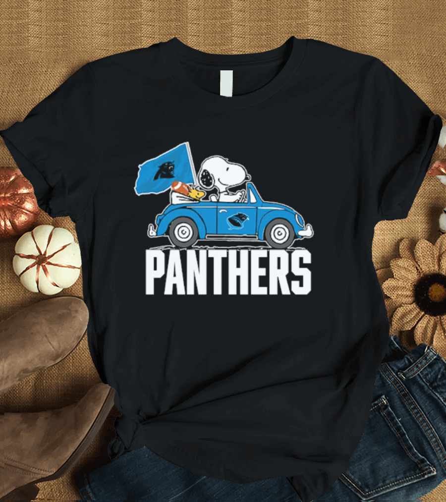 Snoopy and Woodstock Driving Car Panthers Flag T-Shirt