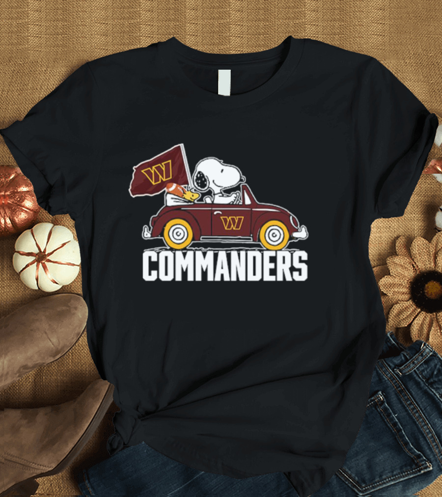 Snoopy and Woodstock Driving Car with Washington Commanders Flag T-Shirt