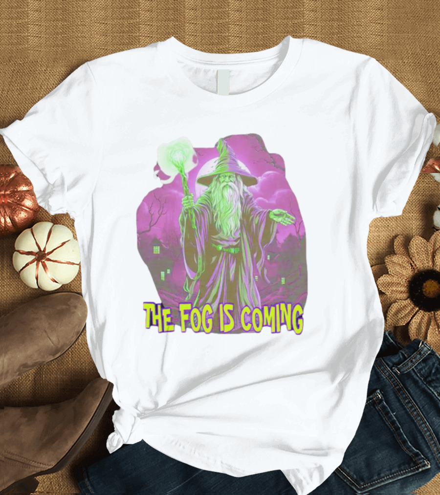The Fog Is Coming Wizard with Green Staff and Purple Background T-Shirt
