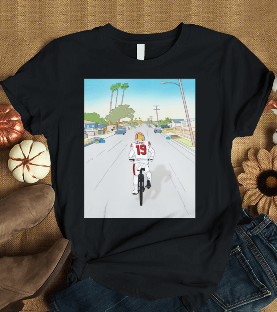 49ers Deebo Samuel Riding Bicycle in Suburban Neighborhood Scene T-Shirt