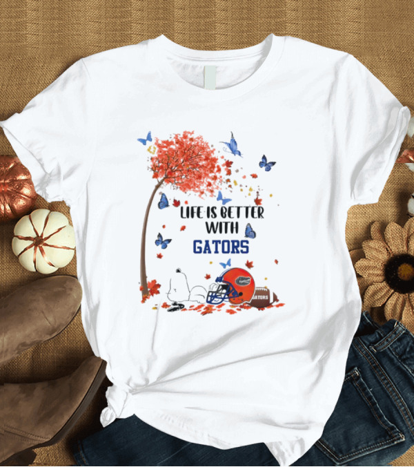 T-Shirt: Life Is Better with Gators Snoopy Fall Leaves and Butterflies T-Shirt Life Is Better with Gators Snoopy Fall Leaves and Butterflies T-Shirt