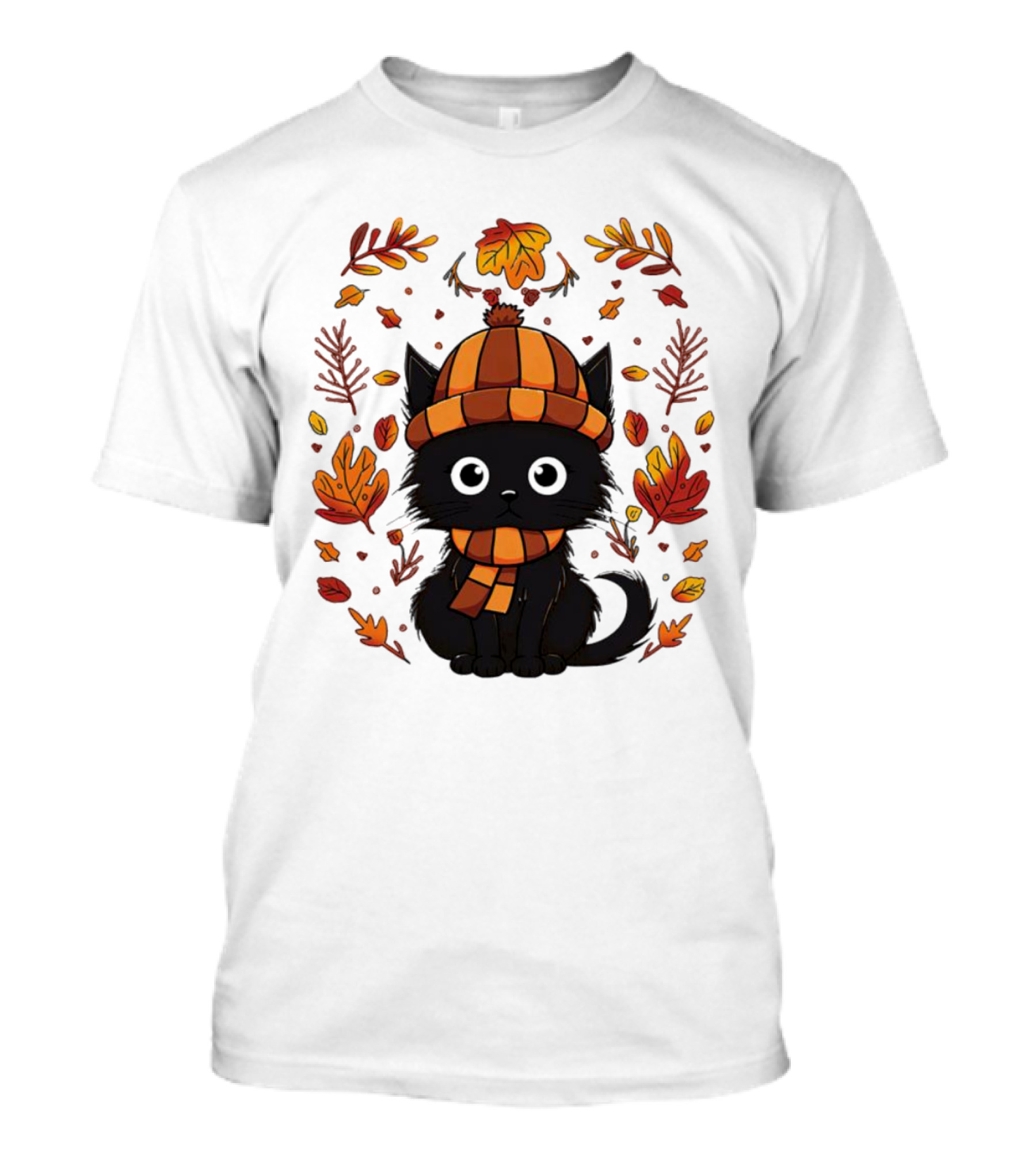 Black Cat Autumn Leaves Cozy Fall T-Shirt