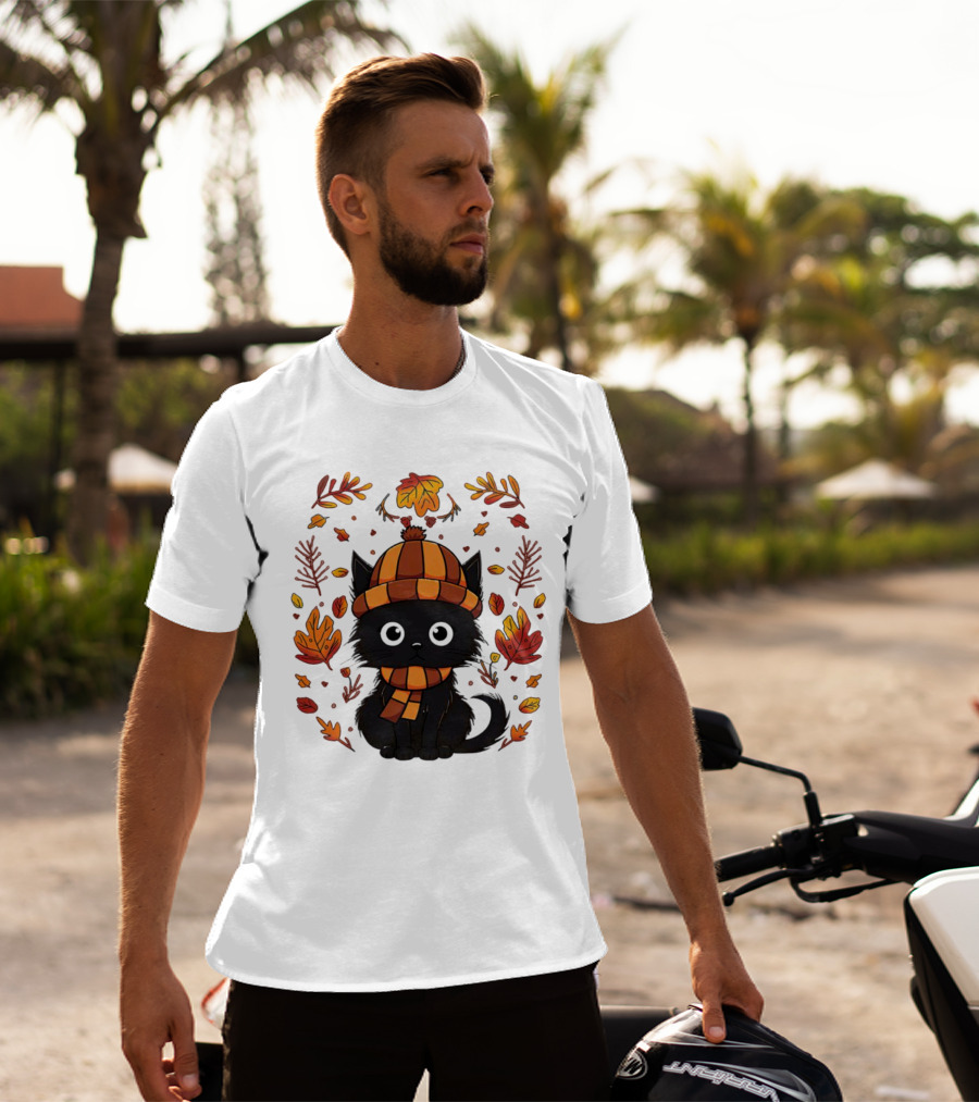 Black Cat Autumn Leaves Cozy Fall T-Shirt