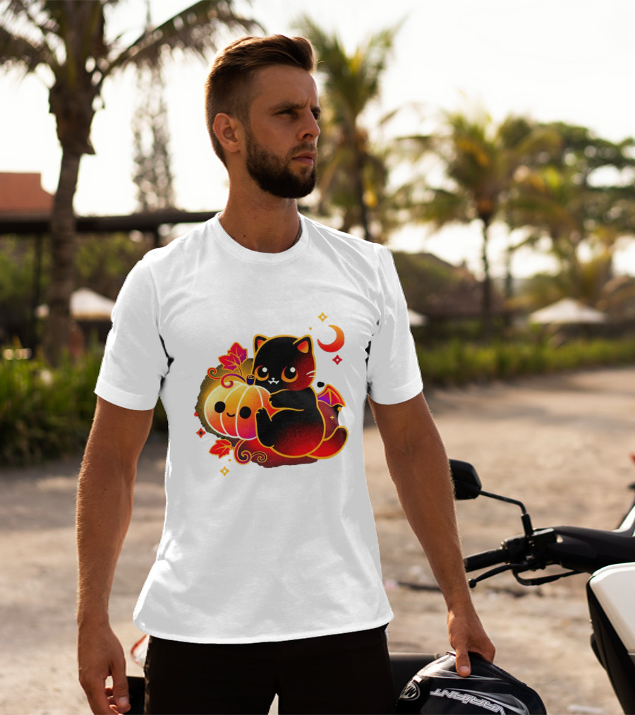 Cat Demon Halloween Moon Pumpkin Leaves Bat Wings T-Shirt