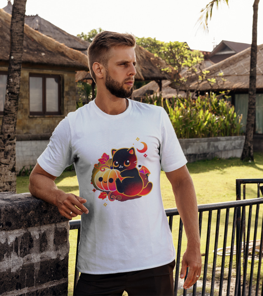 Cat Demon Halloween Moon Pumpkin Leaves Bat Wings T-Shirt