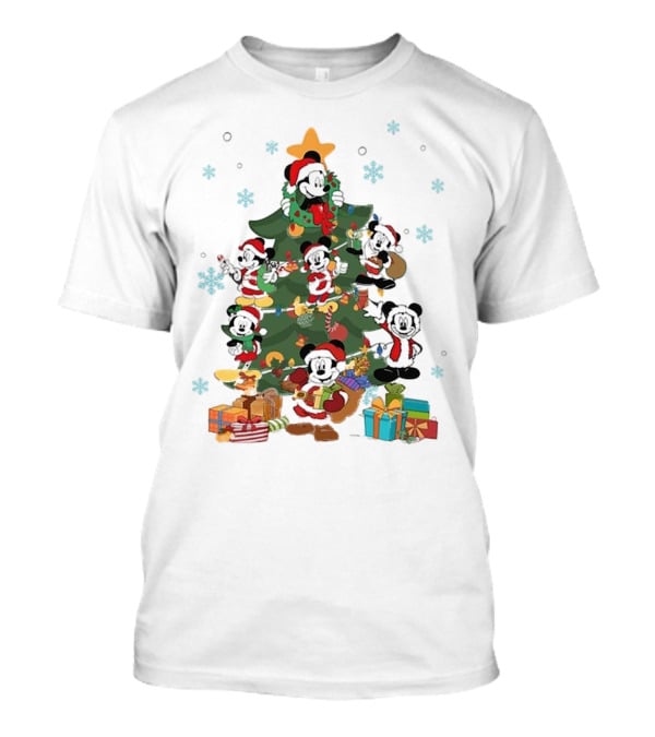 Christmas Tree Mickey Mouse Holiday Characters With Gifts And Snowflakes T-Shirt