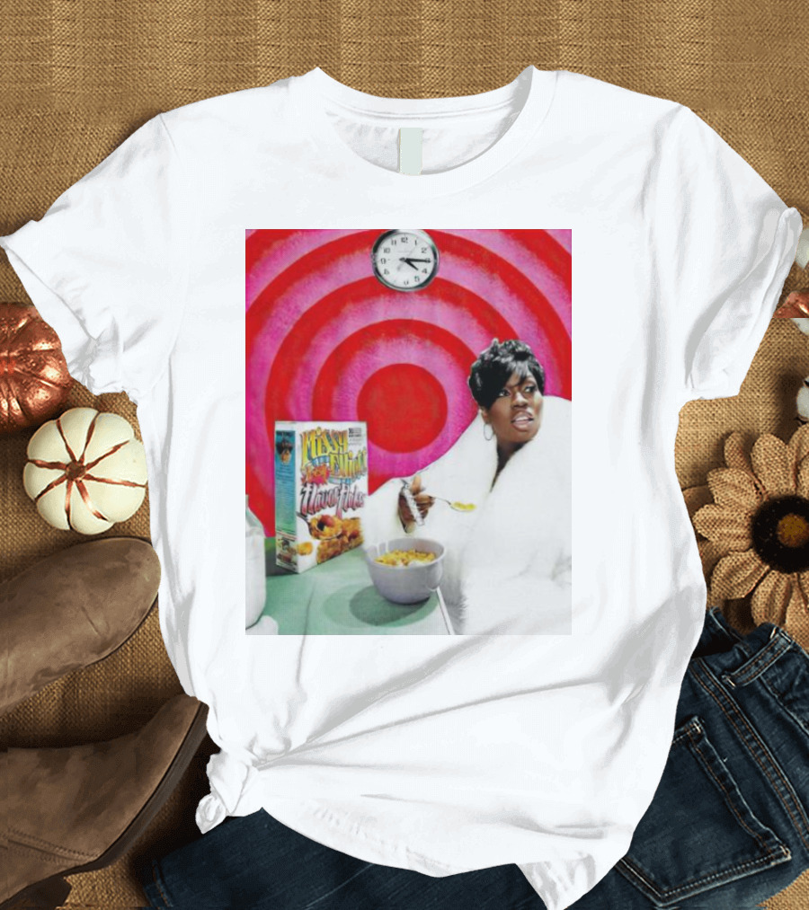 Missy Elliott Flav•O•Fleks Cereal with Red Spiral Clock Background T-Shirt