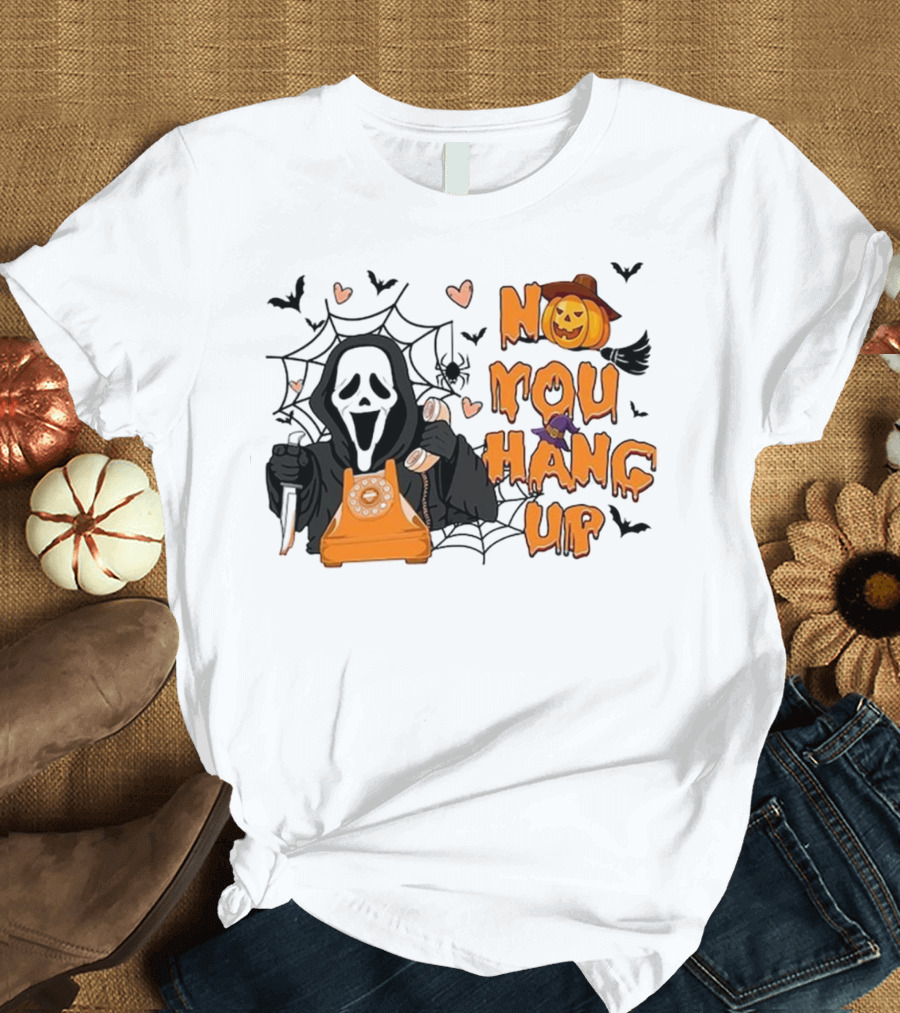 No You Hang Up Ghost with Pumpkin Phone Halloween Bats and Cobwebs T-Shirt