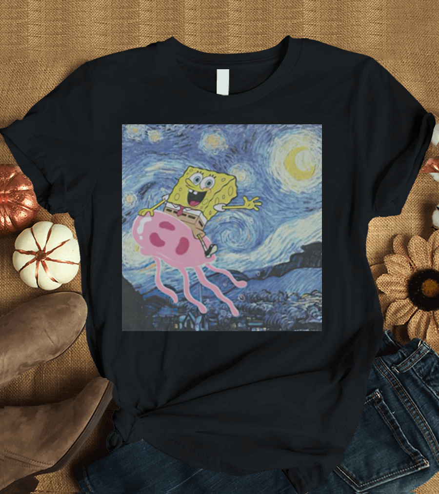 SpongeBob SquarePants Jellyfishing Van Gogh Starry Night Crossover T-Shirt
