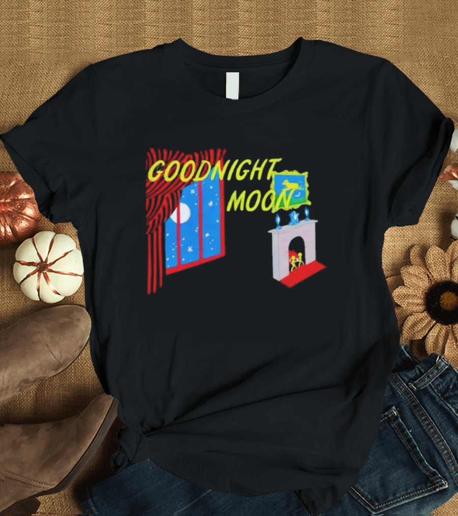 GOODNIGHT MOON Window Night Scene with Fireplace Moon Stars T-Shirt