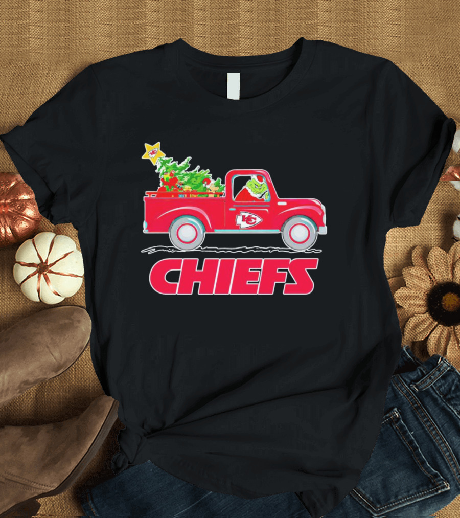 Grinch Driving Kansas City Chiefs Red Truck with Christmas Tree T-Shirt
