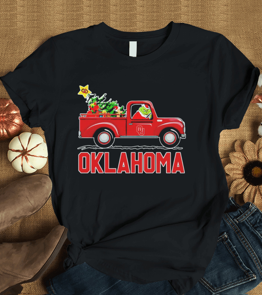 Grinch Driving Red Truck with Christmas Tree and Oklahoma Sooners T-Shirt